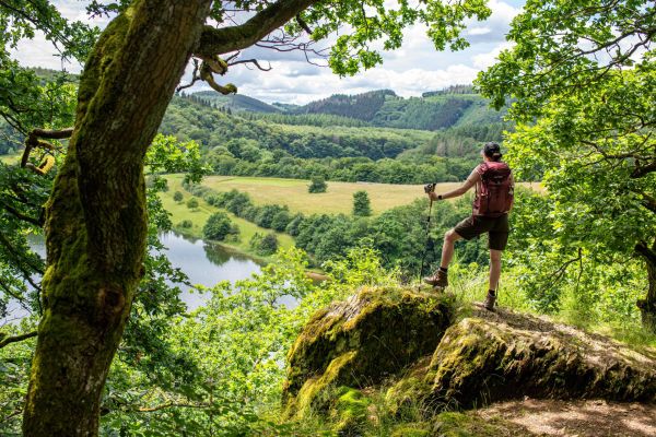 Randonneur debout sur un rocher avec vue sur le lac de la Haute-Sûre et le paysage environnant